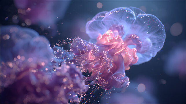 A close up of jellyfish with pink and purple hues floating in a dark blue environment underwater