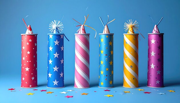 Colorful Party Poppers with Star Confetti on Blue Background, Celebration Still Life - Powered by Adobe