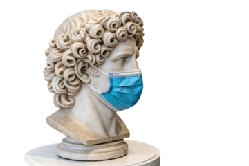 A classical marble bust sculpture wearing a medical face mask, symbolizing protection and health awareness during a pandemic or health crisis, against a clean white background