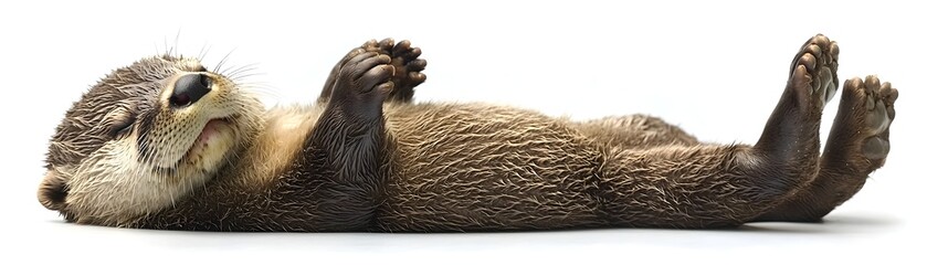 Obraz premium A cute happy baby otter lies on its back paws raised appearing to clap joyfully on a clean white background