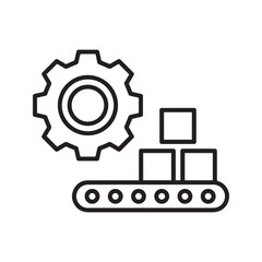 Obraz premium Industrial Manufacturing Process Icon, Conveyor Belt with Boxes and Gear Symbol for Production Automation 