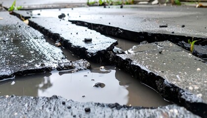 Damaged pavement with rain water