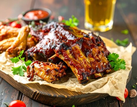 BBQ ribs and chicken wings on a platter