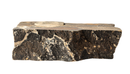 A rugged stone block showcasing intricate patterns and textures, highlighting its natural beauty and geological features.