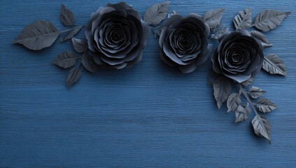 Dark grey paper roses and leaves on a blue wooden background