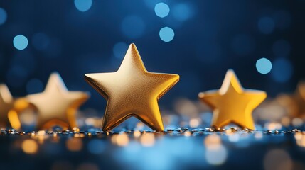 Golden stars glitter against bokeh lights and metallic confetti. It illustrates success, quality, or festive holiday celebrations.