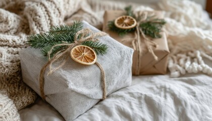 Thoughtfully wrapped Christmas gifts with natural decorations placed on a cozy bed with a knit blanket in a warm holiday setting