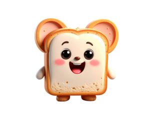 A cute, animated bread character with a smiling face and mouse-like ears, exuding a cheerful and playful vibe.