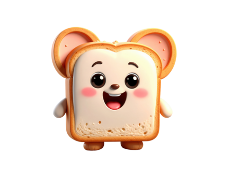 A cute, animated bread character with a smiling face and mouse-like ears, exuding a cheerful and playful vibe.
