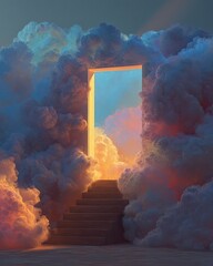 A glowing doorway framed by ethereal clouds, bathed in warm light, leading to a vibrant sky