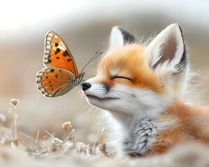A baby fox with its eyes closed enjoys a gentle moment as a butterfly rests on its nose in a natural outdoor setting
