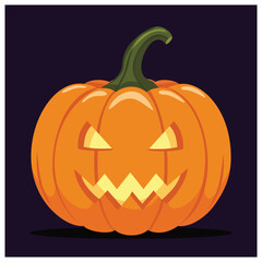 A cartoon illustration of a carved orange pumpkin with a spooky, glowing face, set against a dark purple background.