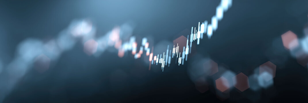 Ascending candlestick chart displays positive financial market trends with geometric accents.