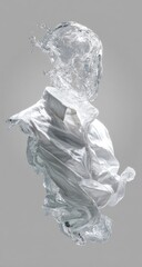 A white dress shirt suspended in mid-air, enveloped by a dynamic spray of water. 