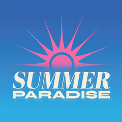 1980s Style Typographic Art of Summer Paradise in White with Pink Faded Sunset, Blue Gradient Backdrop