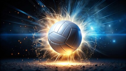 A volleyball explodes with dynamic energy, a radiant burst of light and motion capturing the intense power and excitement of the game