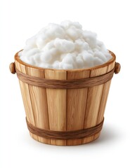 Creamy white cottage cheese in a wooden bucket