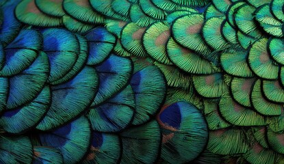 Obraz premium Close-up of peacock feathers, displaying intricate patterns of vibrant greens and blues