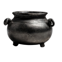 A small, antique, dark metallic cauldron with three feet.
