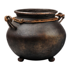 An old, rustic metal cauldron with rope details and handles.