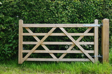 wooden gate in open position against green hedge. country gate
