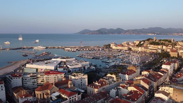 Cannes Old Port and Congress Convention Center Aerial Pullback at Dawn