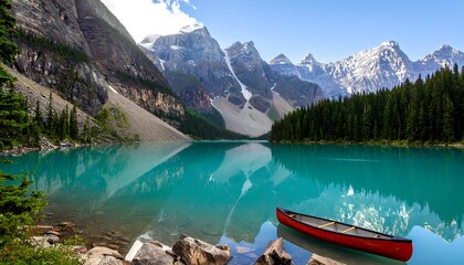 Serene alpine lake with a red canoe