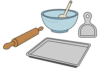 Essential baking tools set including mixing bowl, rolling pin, spatula, and oven tray for pastry and dessert preparation illustration