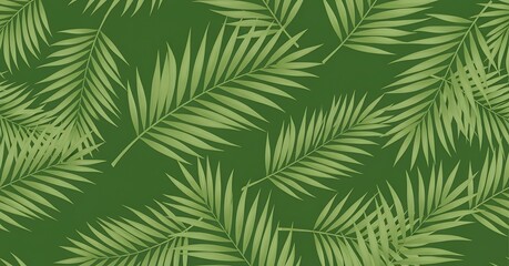Seamless pattern of lush green palm leaves on a dark green background