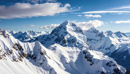 Obraz premium Aerial View of Snow Capped Mountain Range Under a Bright Sky Majestic Landscape with Sunlight and Clouds Winter Scenery White and Blue Colors
