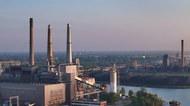 DTE River Rogue Power Plant and smokestacks on Detroit River in Michigan