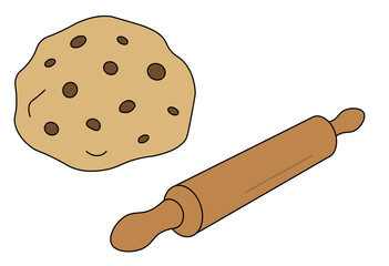 Chocolate chip cookie dough with rolling pin for baking, pastry preparation, and homemade dessert illustration