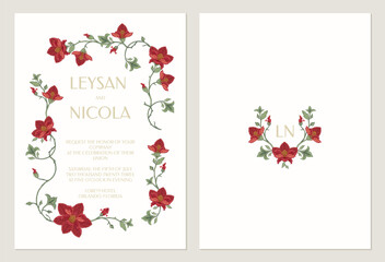 Invitations with red stylized flowers. Floral frames.