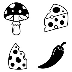 Simple Illustration of Mushroom, Cheese Slices, and Chili Pepper A Whimsical Culinary Trio in Black and White