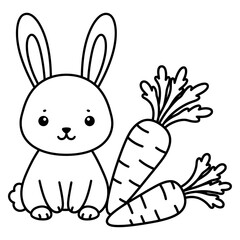 Cute Bunny with Carrots Delightful Black and White Illustration for Coloring Pages and Children's Art