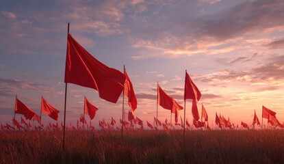 Many red flags waving in a field at sunset