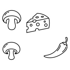 Set of simple food icons featuring mushrooms, Swiss cheese, and chili pepper in a minimal line art style