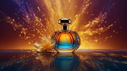 perfume bottle painted in intricate detail against a backdrop of shimmering amber. The bottle shines with golden accents, its curves reflecting the light in a captivating display of luxury.