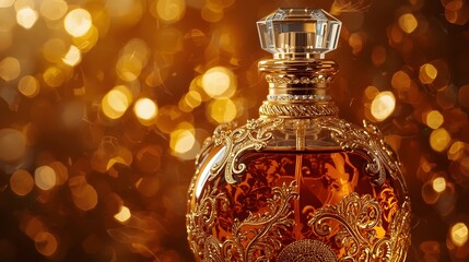perfume bottle painted in intricate detail against a backdrop of shimmering amber. The bottle shines with golden accents, its curves reflecting the light in a captivating display of luxury.