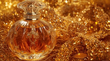 perfume bottle painted in intricate detail against a backdrop of shimmering amber. The bottle shines with golden accents, its curves reflecting the light in a captivating display of luxury.