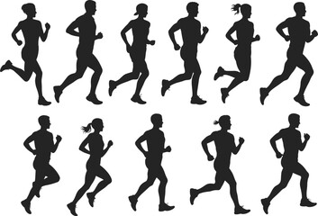 Running silhouettes of men and women, jogging exercise, fitness training, athletic workout, marathon runners, healthy lifestyle, outdoor sports activity, motion
