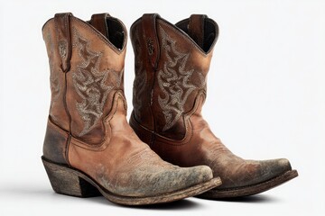 Worn tan cowboy boots, pair, studio shot