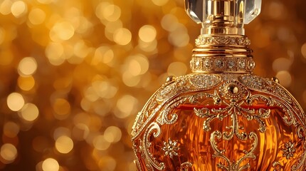 perfume bottle painted in intricate detail against a backdrop of shimmering amber. The bottle shines with golden accents, its curves reflecting the light in a captivating display of luxury.