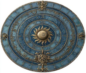 Ornate, circular clock face, blue and gold.  Detailed, decorative, sun-centered design,  Roman numerals
