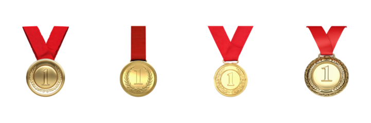 Gold Medals With Red Ribbons Set. Achievement And Victory Symbols Collection Isolated On Transparent Background