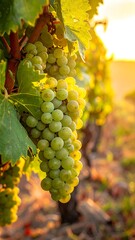 Close-up of ripe white grapes on vine at sunset