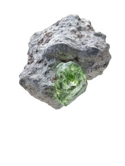 A translucent, light-green crystal nestled within a rough, grey, sedimentary rock matrix, isolated on a black background