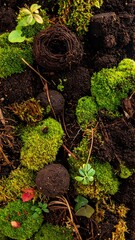 Close-up of rich soil with moss and small plants