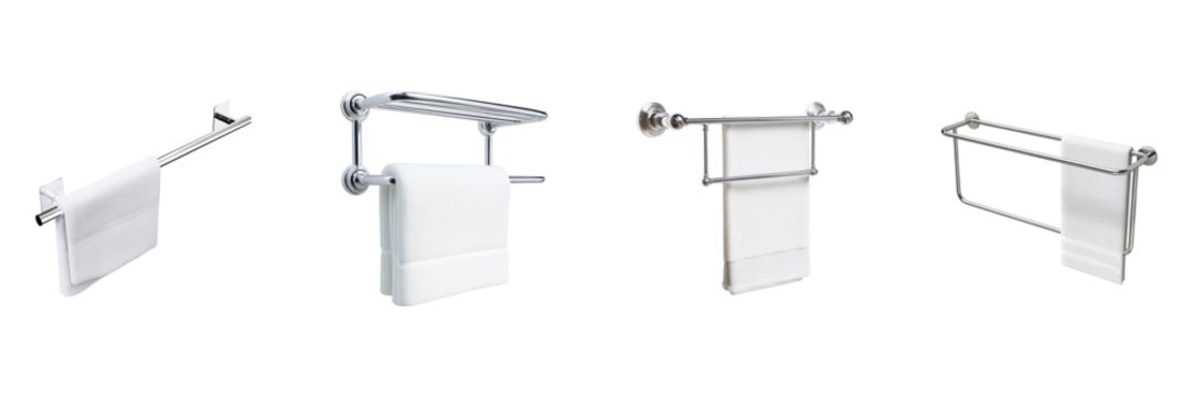 Wall-Mounted Towel Racks Set. Bathroom Organization And Decor Collection Isolated On Transparent Background
