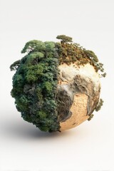 Conceptual 3D globe showing climate change with half covered in lush forest and the other half barren, dry or desertified, symbolizing deforestation and global warming